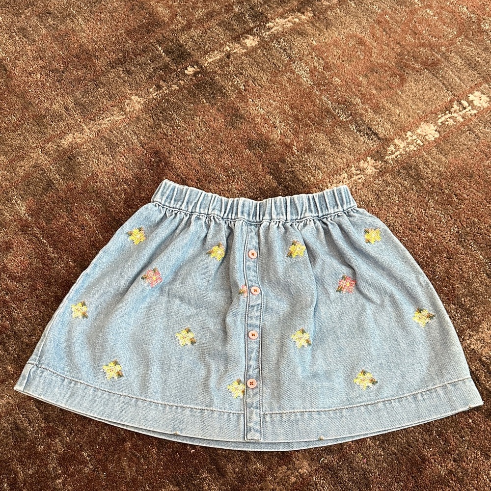 Mini Boden Blue Denim Skirt with Floral Embroidery